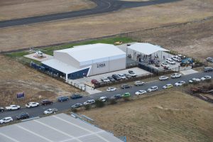 Arial view of helicopter hangar building