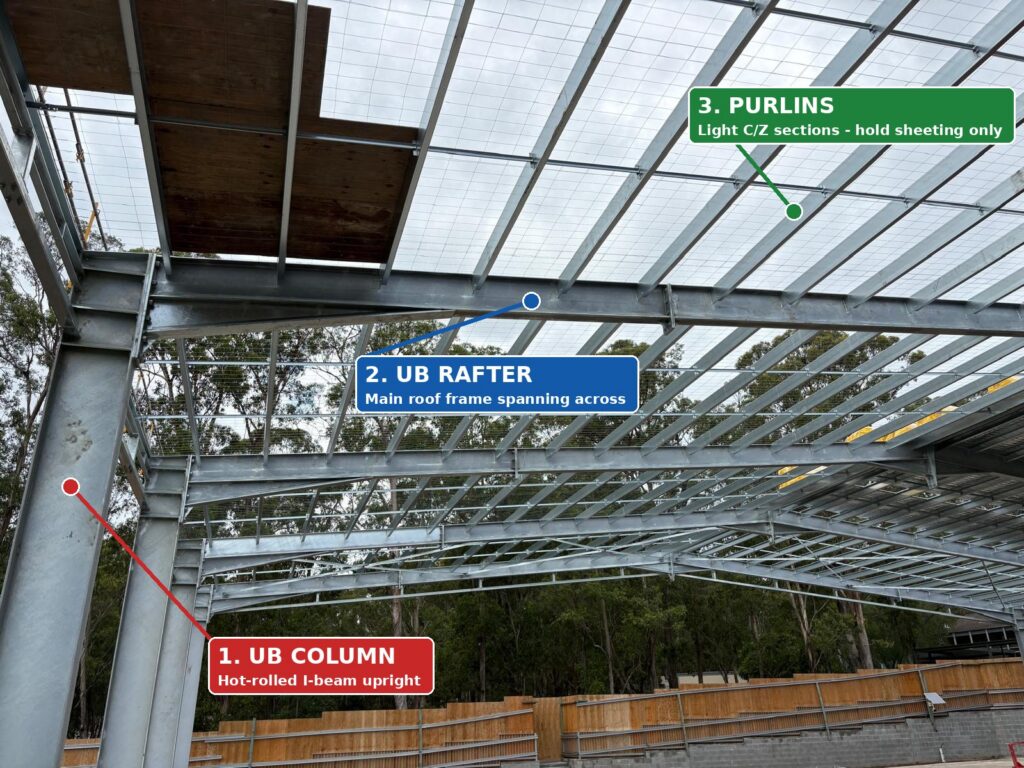 Structural steel shed frame showing UB columns, UB rafters and purlins – Asset Building NSW